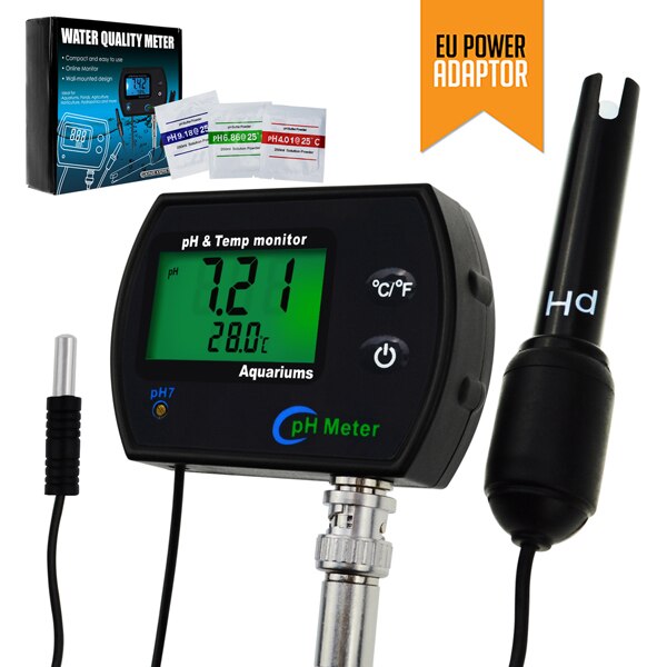 PH & Temperature 2-in-1 Continuous Monitor Meter 0.00~14.00pH degC/ degF Replaceable Electrode for Aquariums Hydroponics